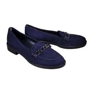 Tommy Hilfiger Bosse Blue Suede Loafers Chain Detailing Womens Size 7.5